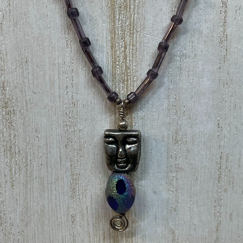 ARTISAN HANDMADE Dark Sterling Silver FACE Pendant on Delicate Beaded Necklace!